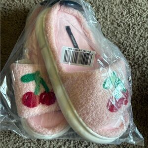 Pink Fuzzy Slippers with Cherry Embroidery